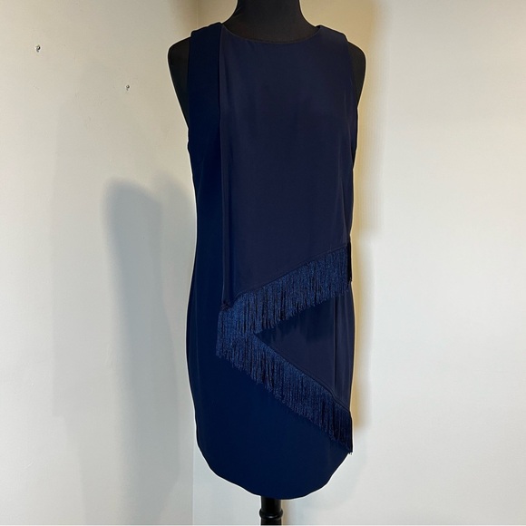 Trina Turk Navy Fringe Knee-Length Dress Silk Blend - Picture 1 of 9